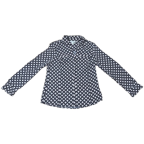 Dana Buchman Tops - Dana Buchman‎ Womens Black Cream Geometric Medallion Roll Tab Button Up Blouse M